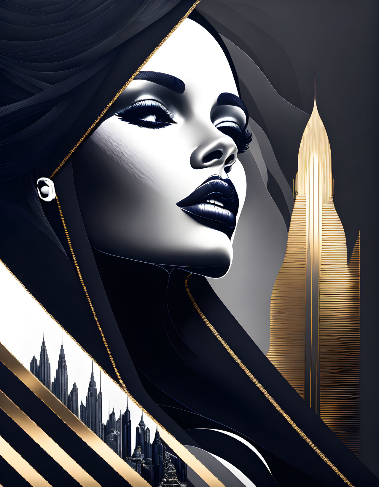 Abstract high-contrast illustration of a stylized woman with gold skyscraper motif