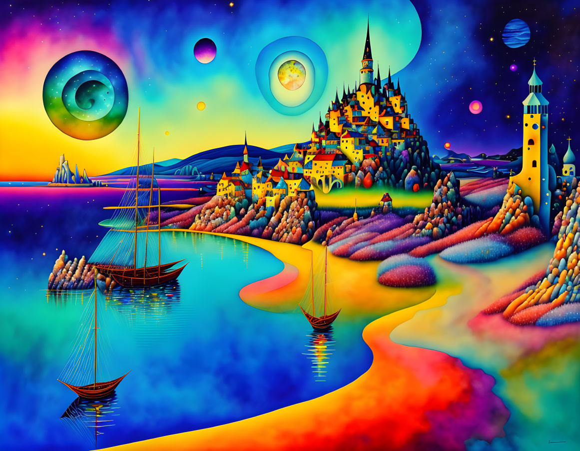 Surreal landscape with castle, colorful terrain, sailboats, and celestial sky