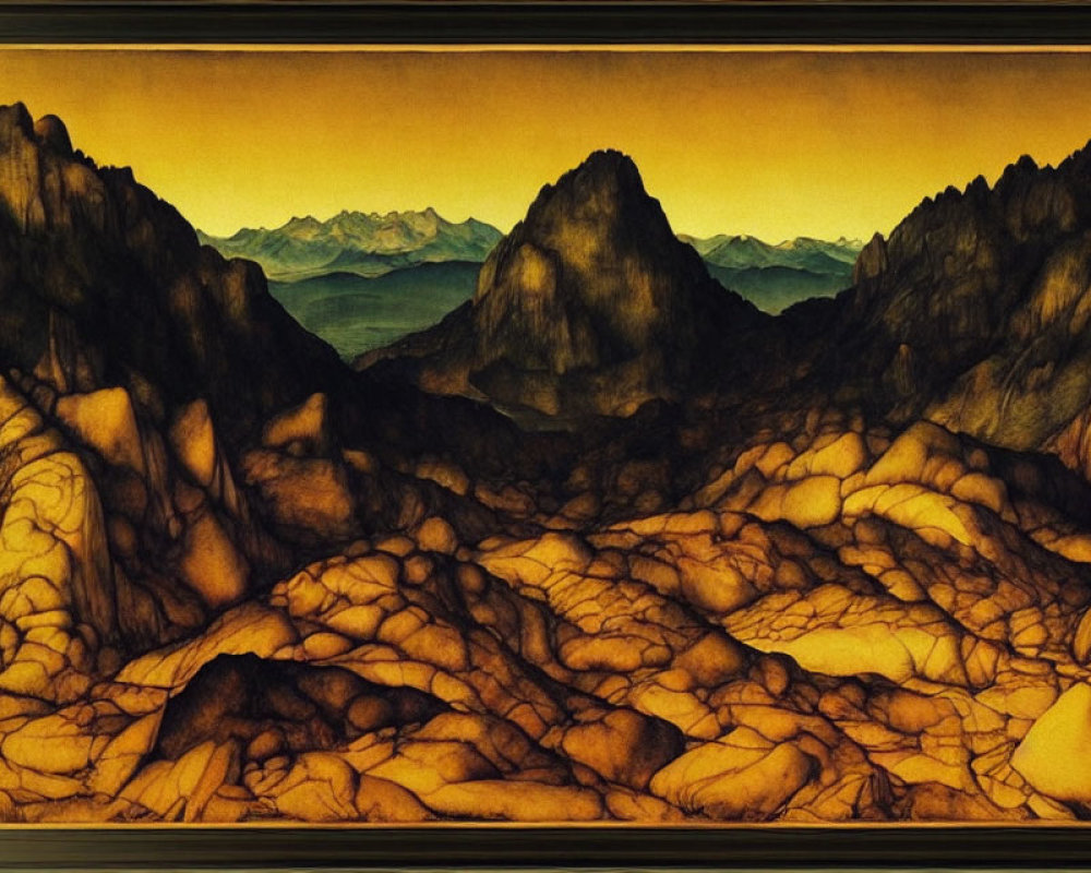 Mountainous Landscape with Vein-Like Patterns in Sepia and Golden Tones