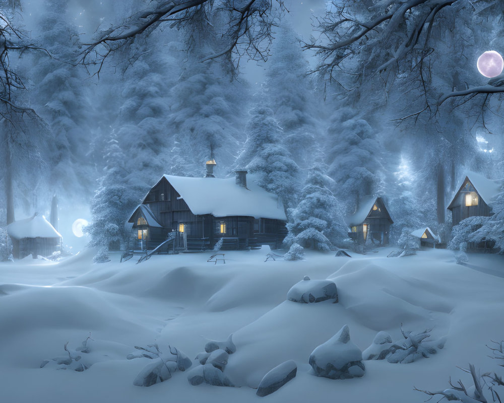 Snow-covered trees and houses under full moon on serene winter night