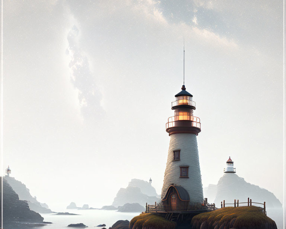 Tranquil coastal scene with lighthouse, calm sea, and clear skies