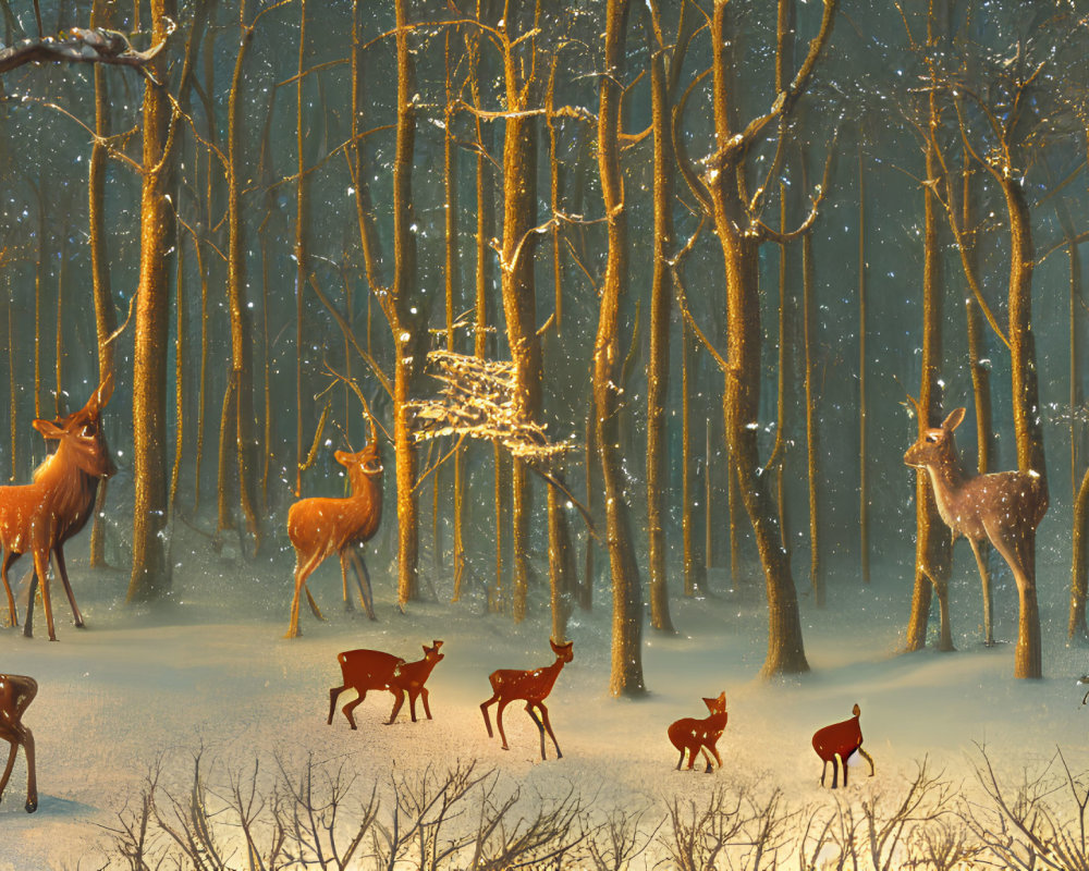 Winter forest scene with deer, snowfall, and warm light