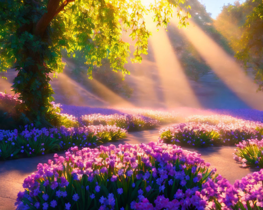 Golden sunlight illuminates serene garden path with vibrant purple flowers.