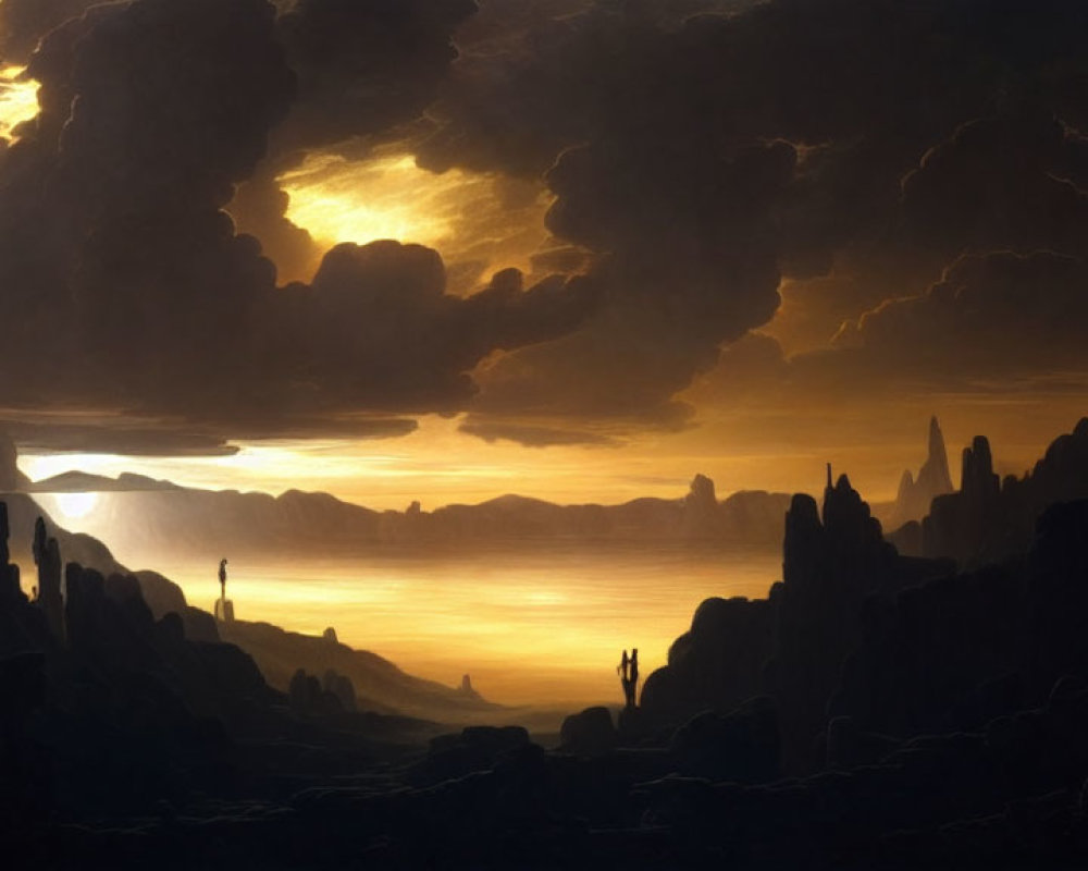 Serene Dusk Landscape with Silhouetted Rocky Formations