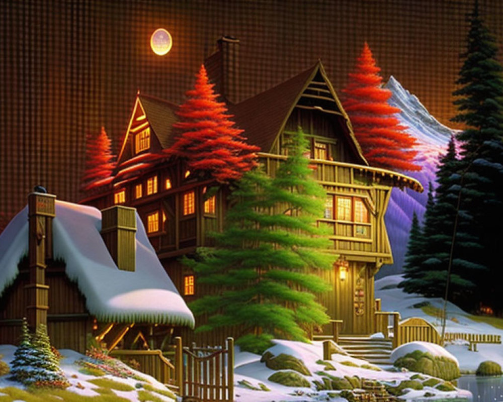 Snow-covered cabin at night among pine trees with full moon