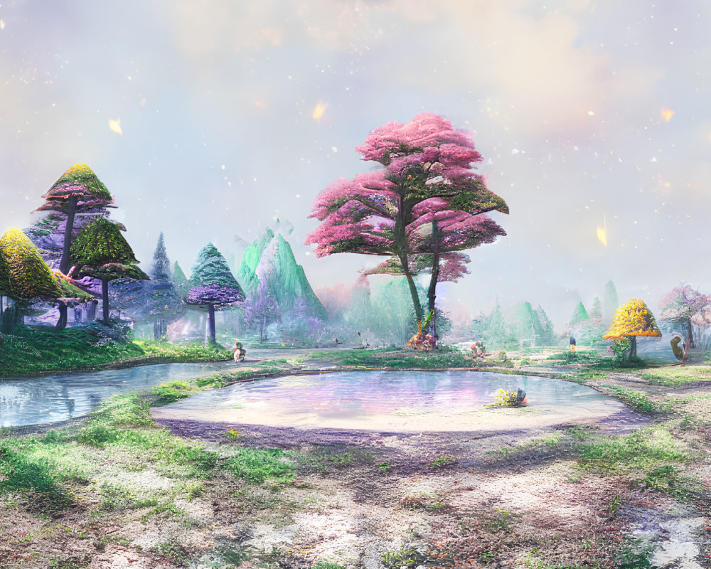Serene fantasy landscape with pink tree, pond, and glowing particles