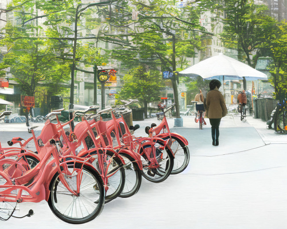 Pink bicycles lined up on city sidewalk with trees and pedestrian on sunny day