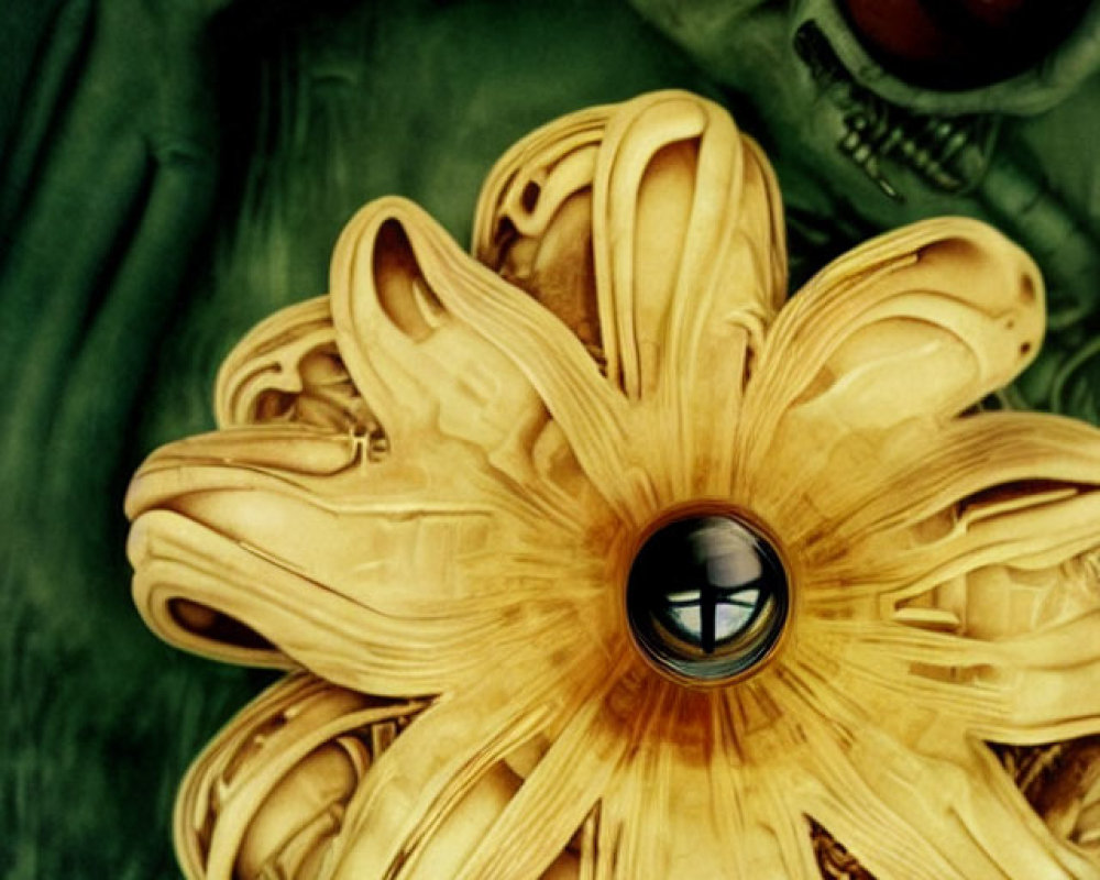 Surreal Yellow Flower Form with Eye on Green Background