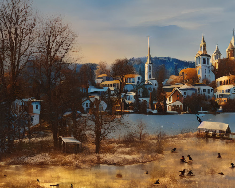 Winter sunset scene with ducks on lake and snow-covered village.