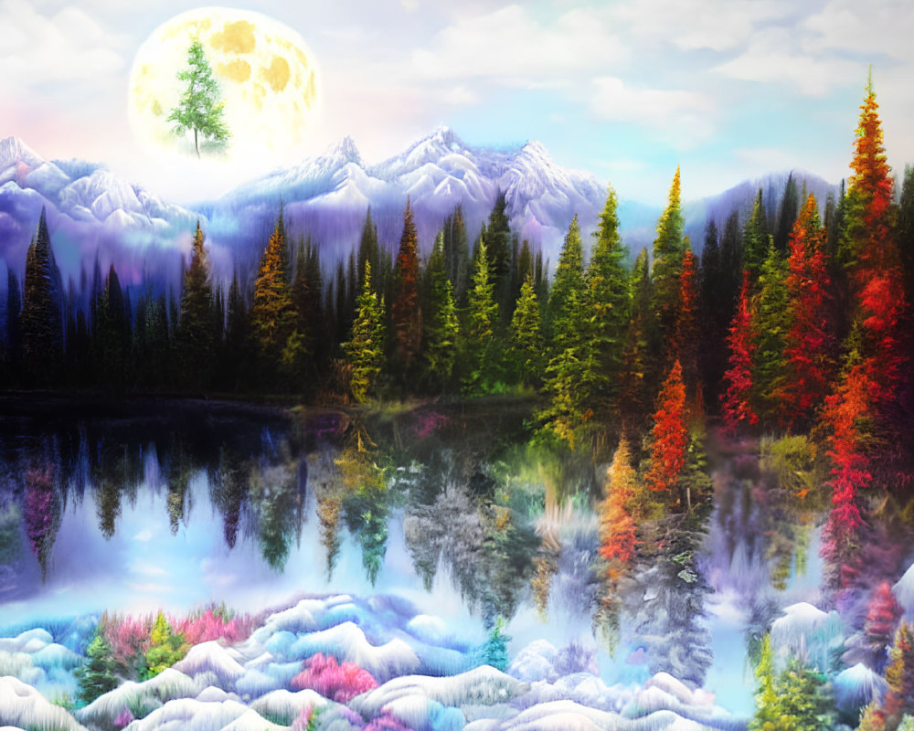 Colorful Trees Reflecting in Lake with Snow-Capped Mountains under Full Moon