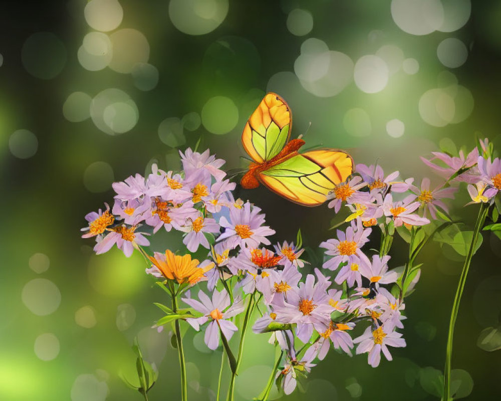 Orange Butterfly on Pink Wildflowers with Green Background and Bokeh Effects