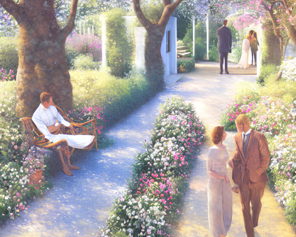 Tranquil garden path with blooming flowers, couples walking, and man on bench