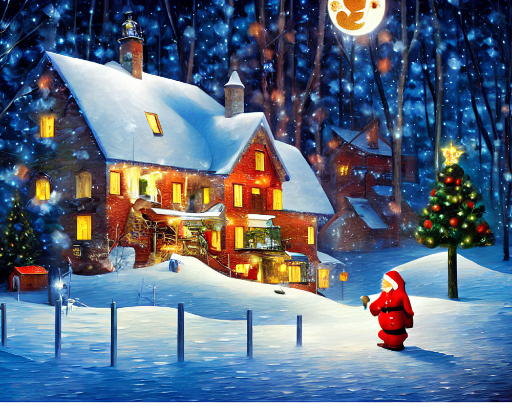 Snow-covered cottage with Santa Claus and Christmas tree on moonlit night