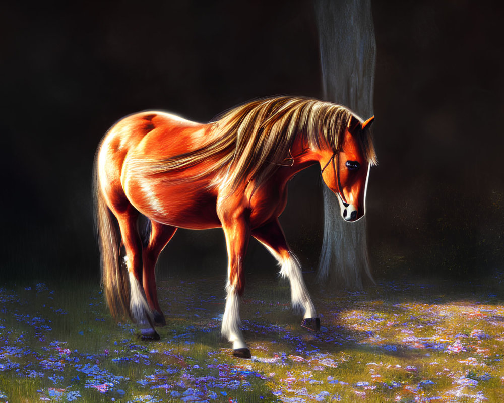 Digital Artwork: Chestnut Horse with Glowing Mane in Mystical Forest Clearing
