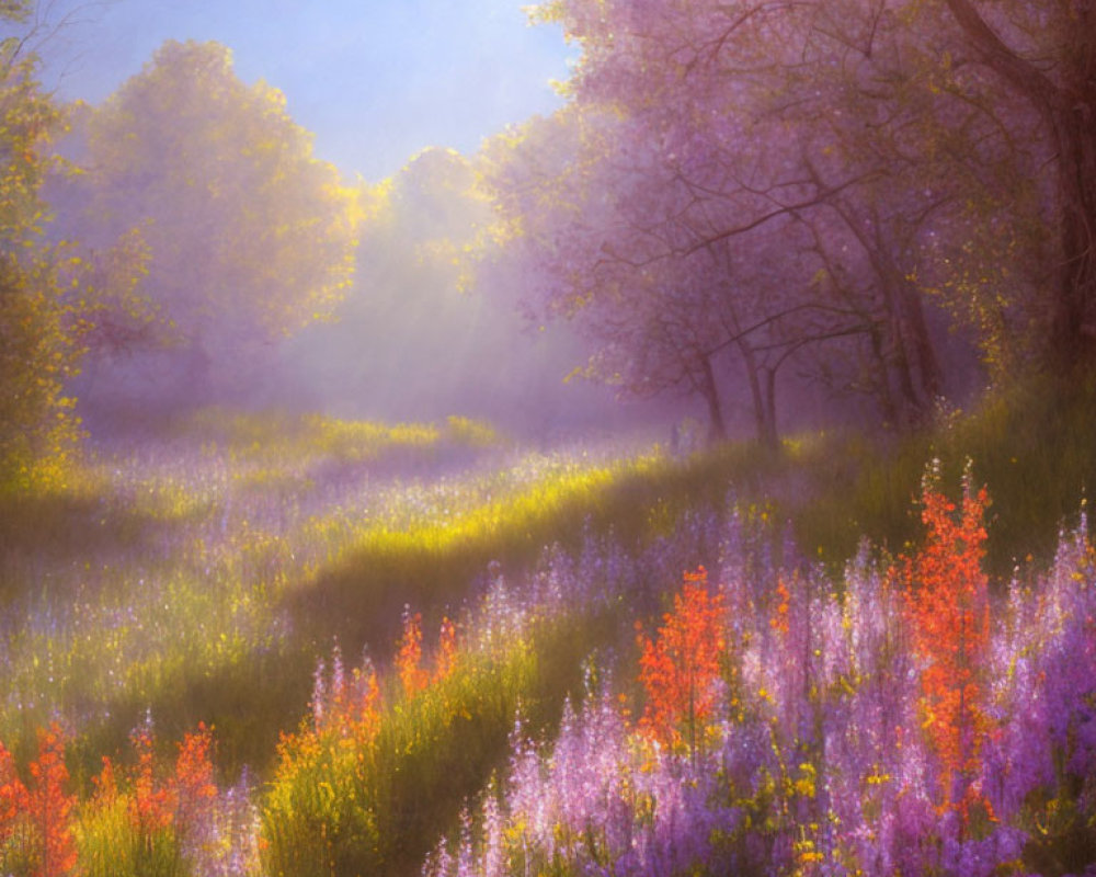 Sunlit Misty Forest Field of Wildflowers in Purple, Pink, and Red