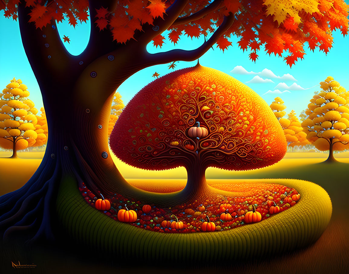 Colorful autumn landscape with swirling tree leaves and pumpkins on rolling hills