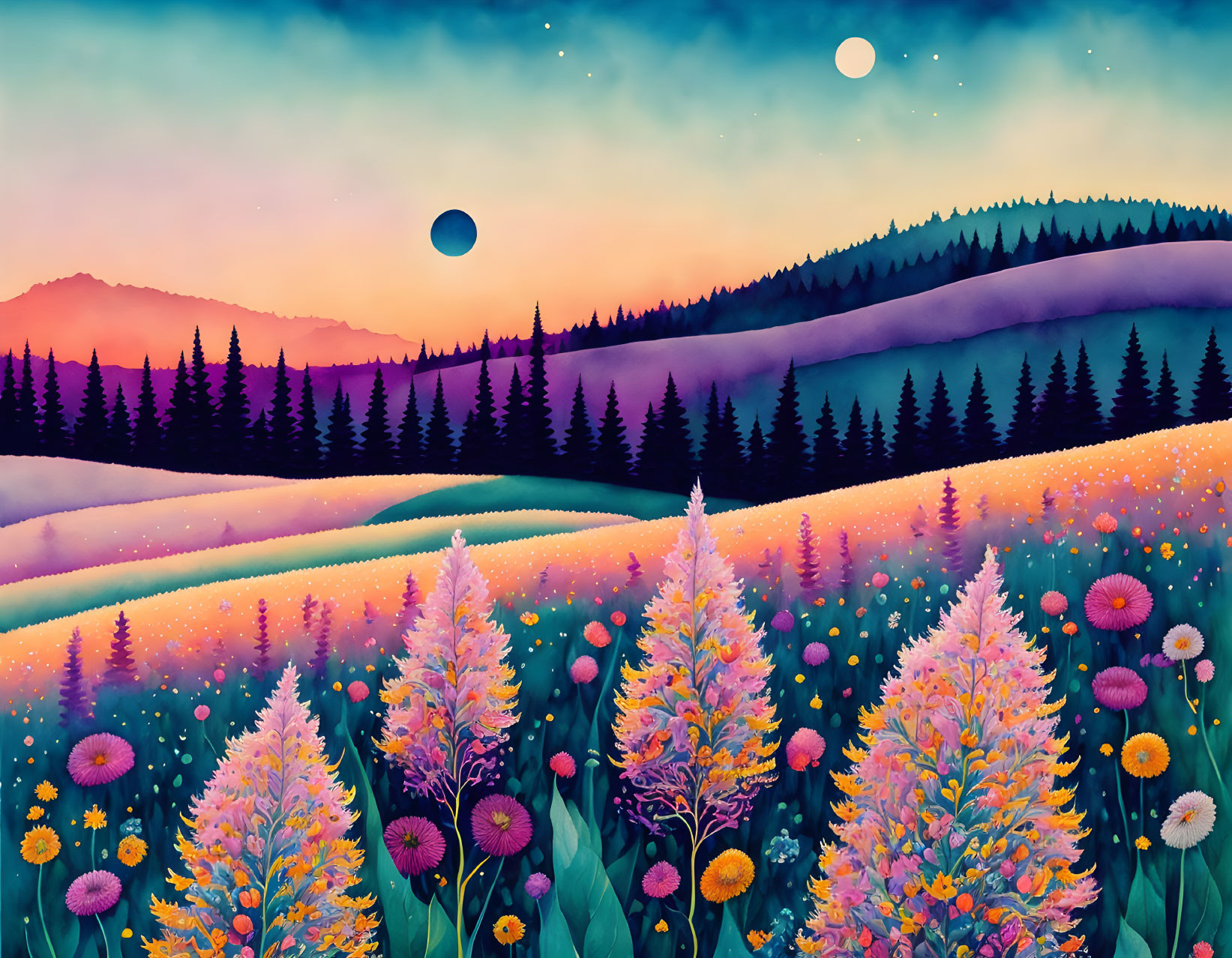 Twilight landscape with purple flowers, hills, forests, mountains, and dual moons