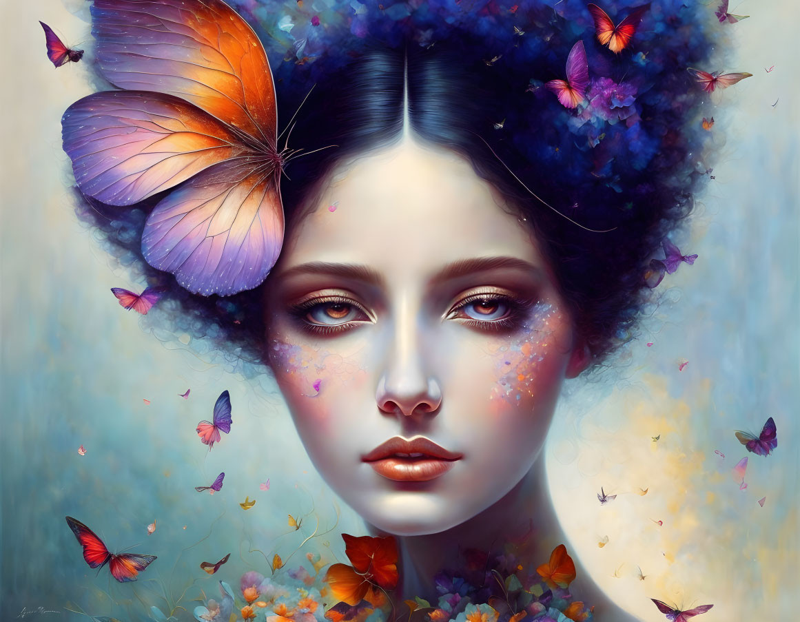 Surreal portrait of a woman with butterflies and flowers on a soft blue background