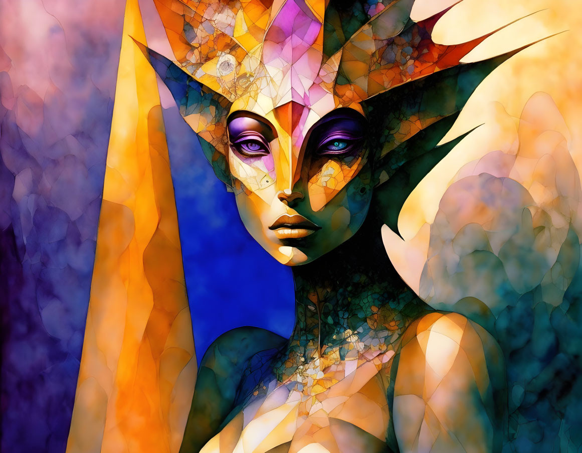 Colorful digital art: woman with geometric headpiece on abstract background