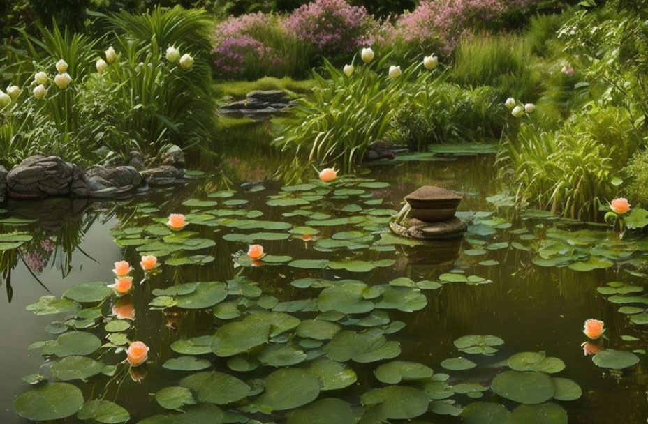 Tranquil Pond with Lilypads, Pink Lotus Flowers, Greenery, and Stones