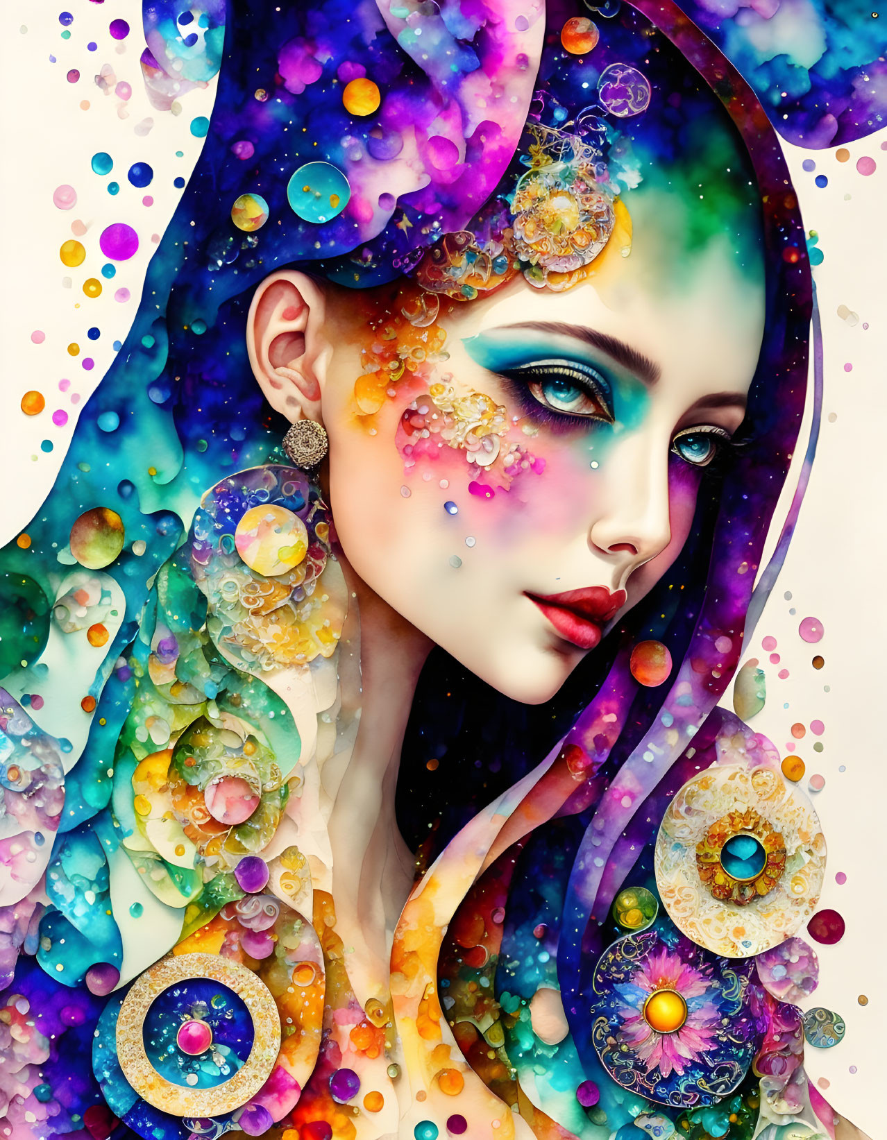 Colorful abstract digital artwork of a woman with integrated bubbles and patterns