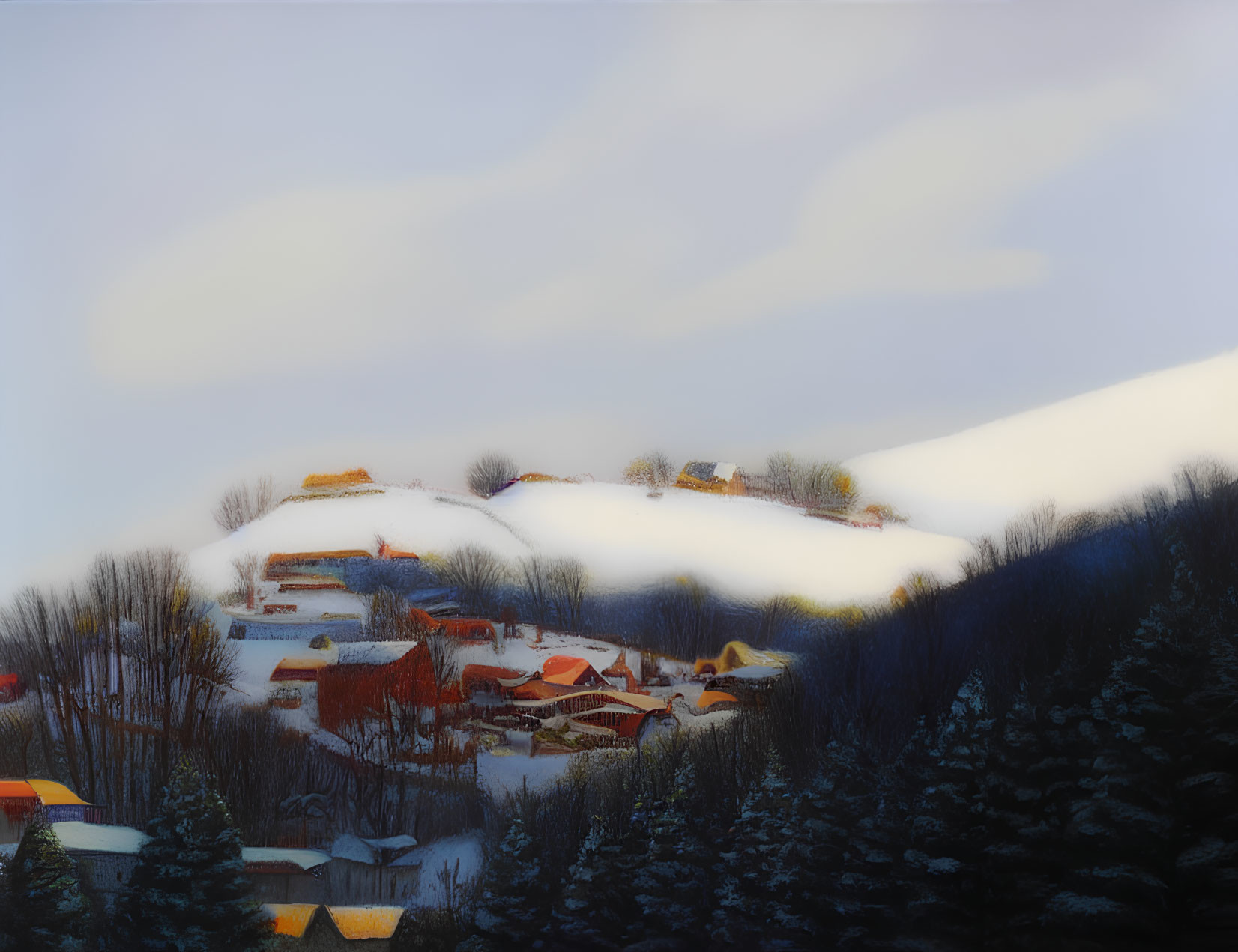 Snow-covered hills with warmly lit houses in winter landscape