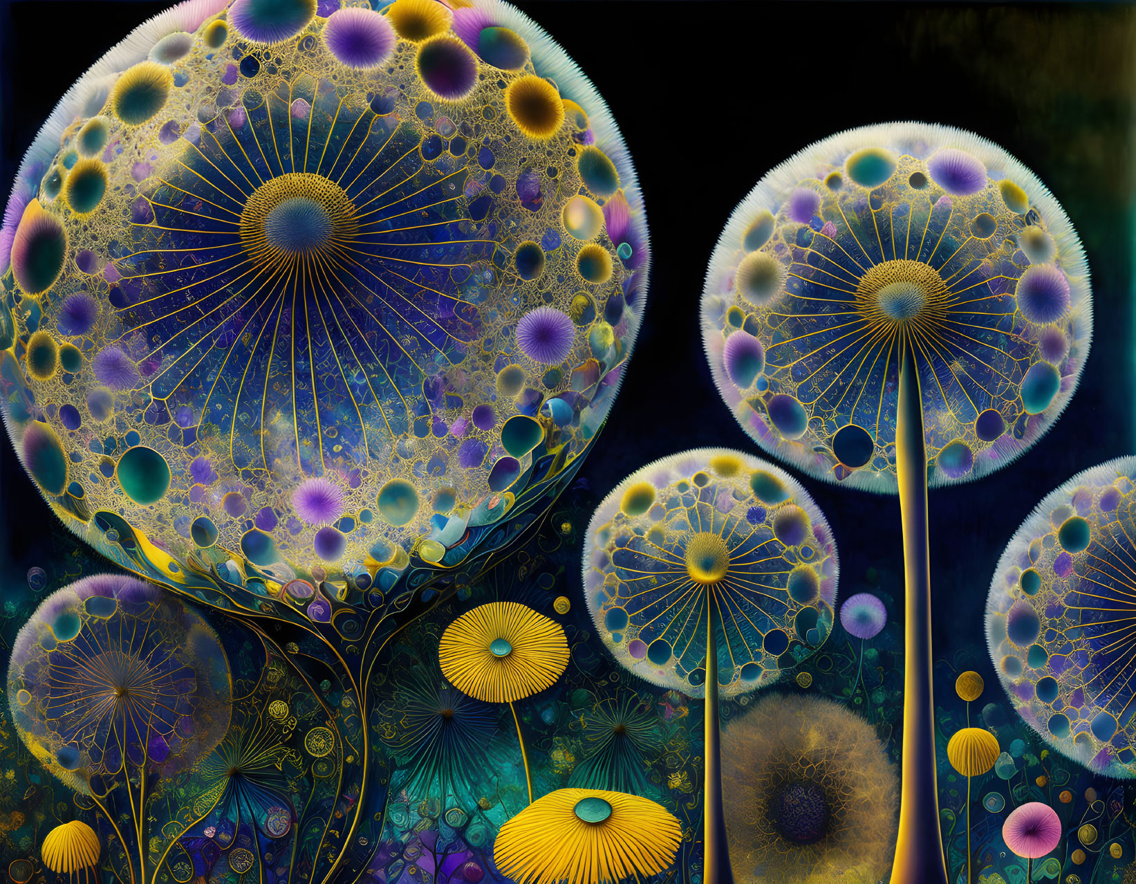 Vividly Colored Abstract Art: Whimsical Dandelion-Like Structures