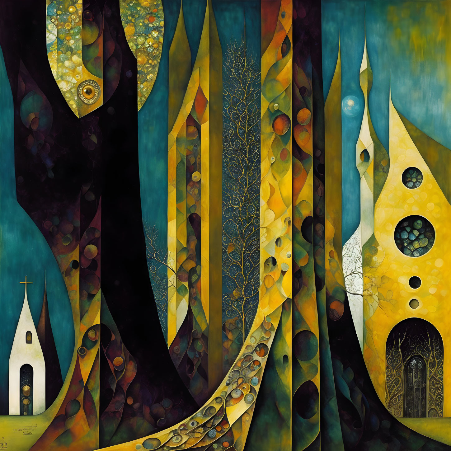 Whimsical forest scene with church in stylized painting