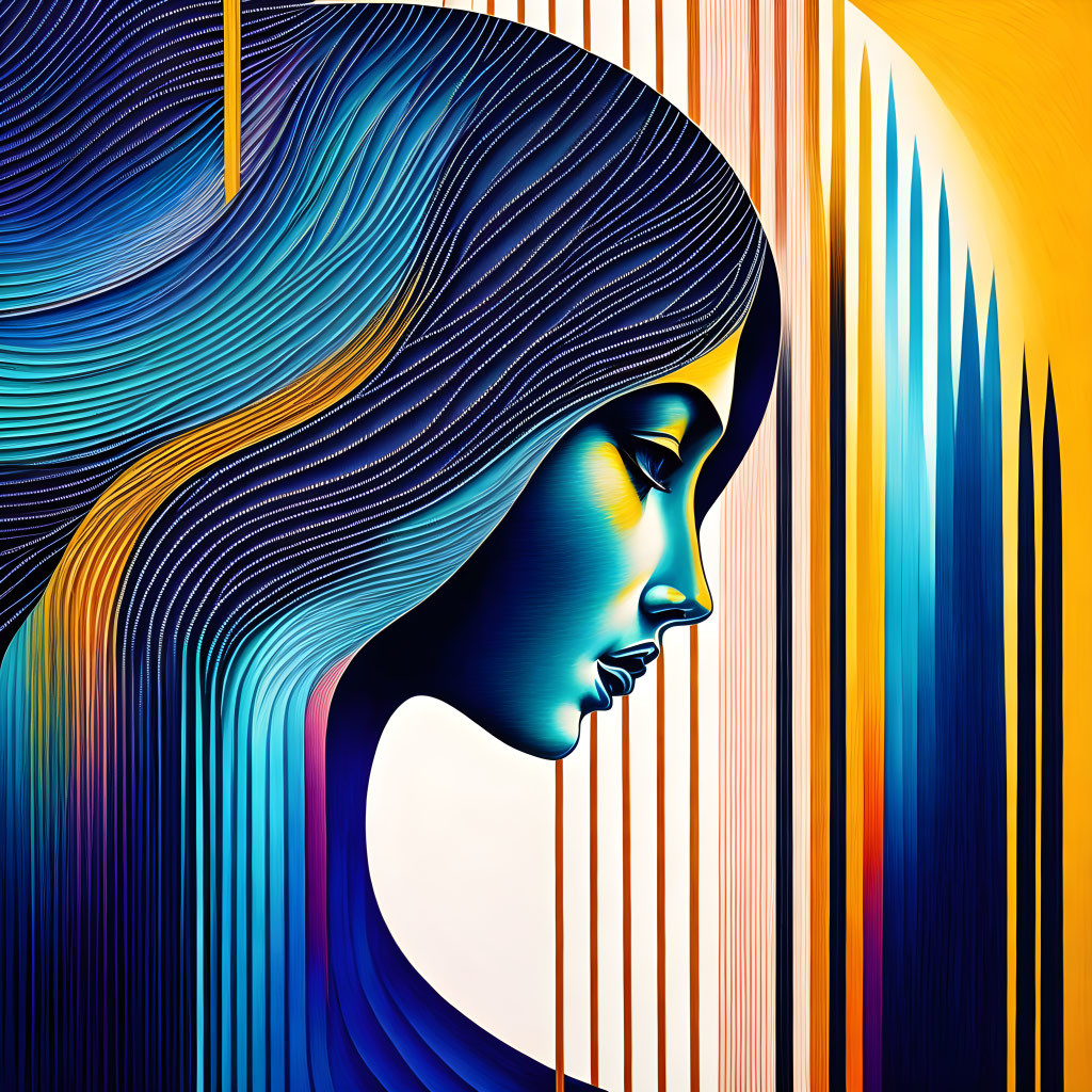 Stylized woman with flowing hair and colorful stripes on yellow background