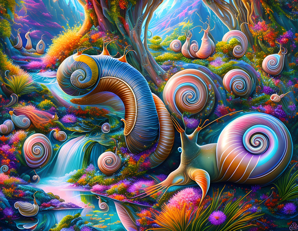 Colorful oversized snails in vibrant fantasy landscape