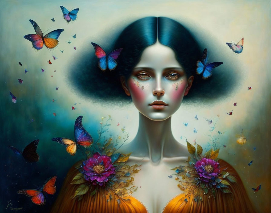 Colorful butterflies surround woman with halo hair in surreal portrait