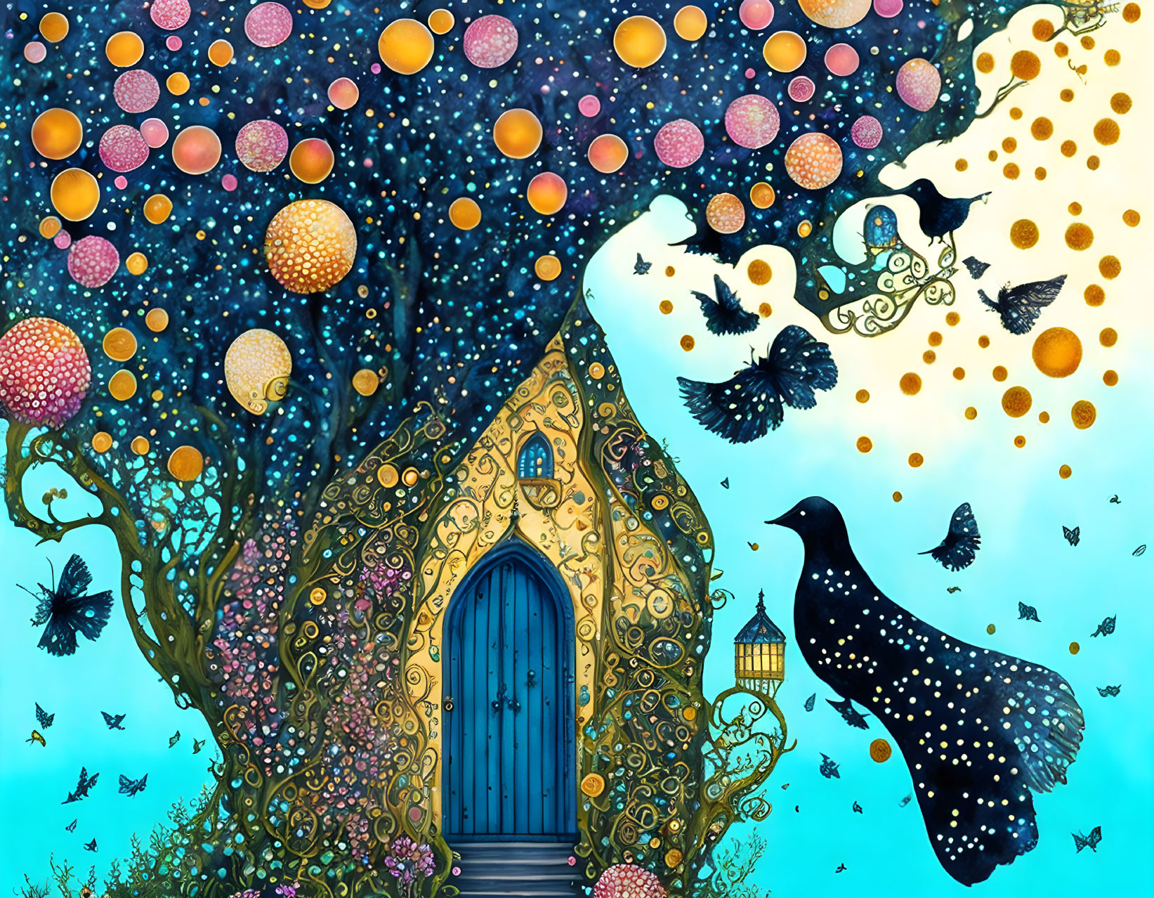 Colorful art piece featuring house, balloons, butterflies, blackbird, and woman's face.