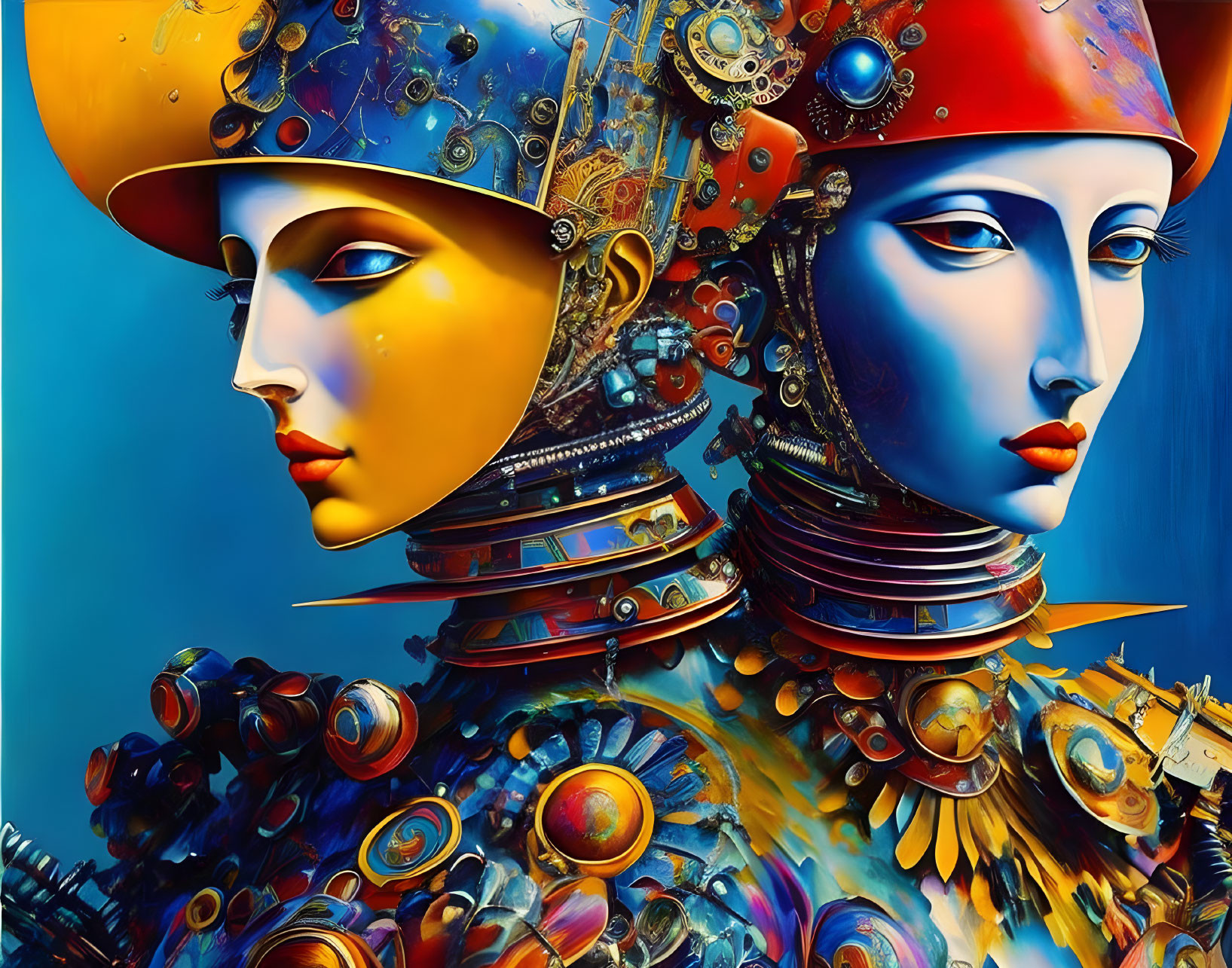 Steampunk-style robotic heads in blue and gold colors on blue background