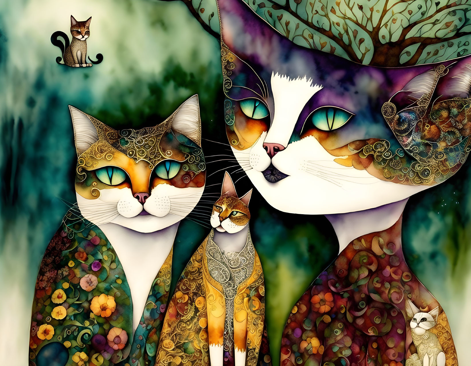 Vibrant Stylized Cat Art with Detailed Patterns