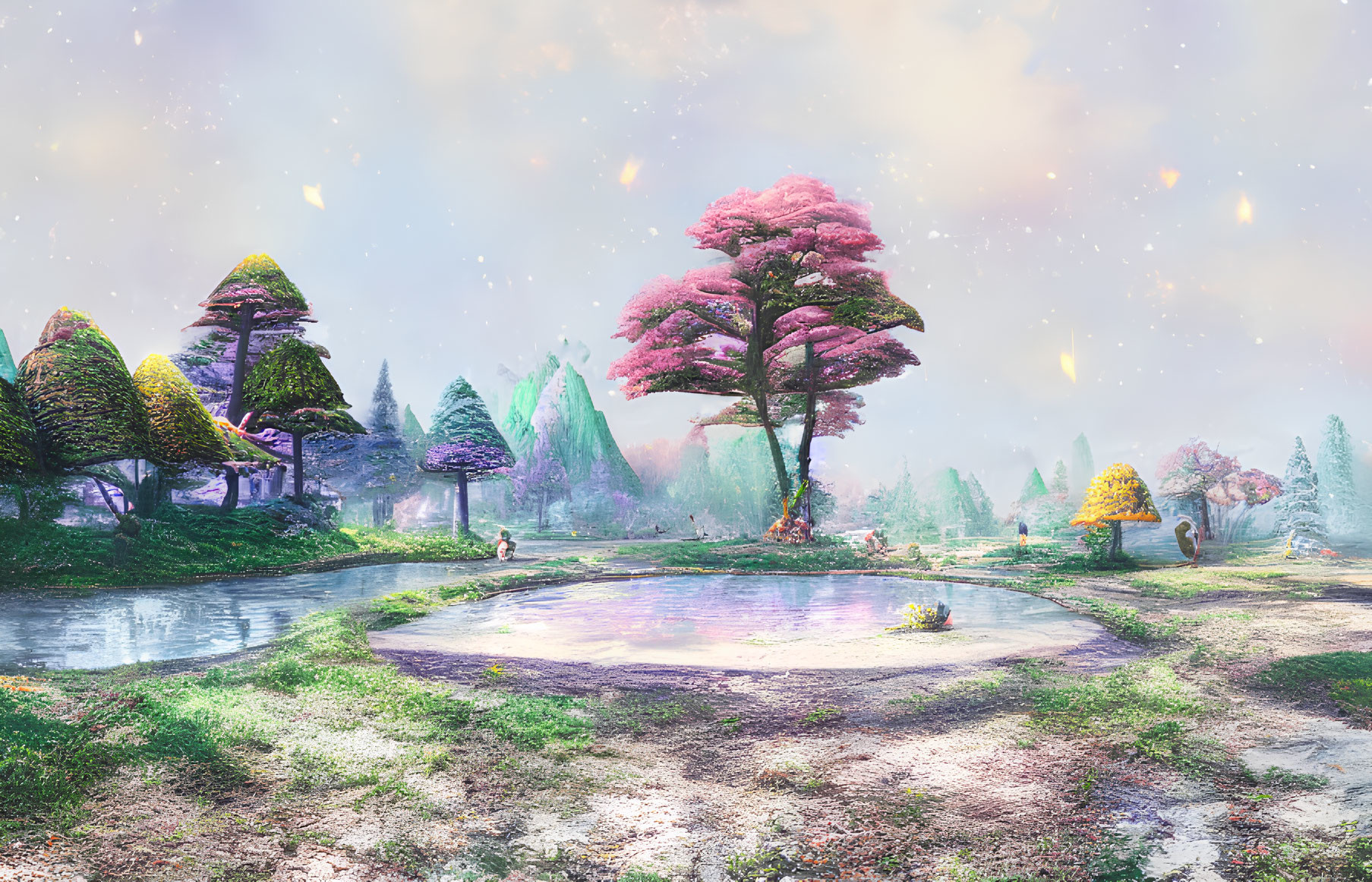 Serene fantasy landscape with pink tree, pond, and glowing particles