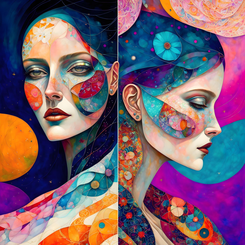 Dual portrait of woman with floral and celestial face designs on contrasting backgrounds