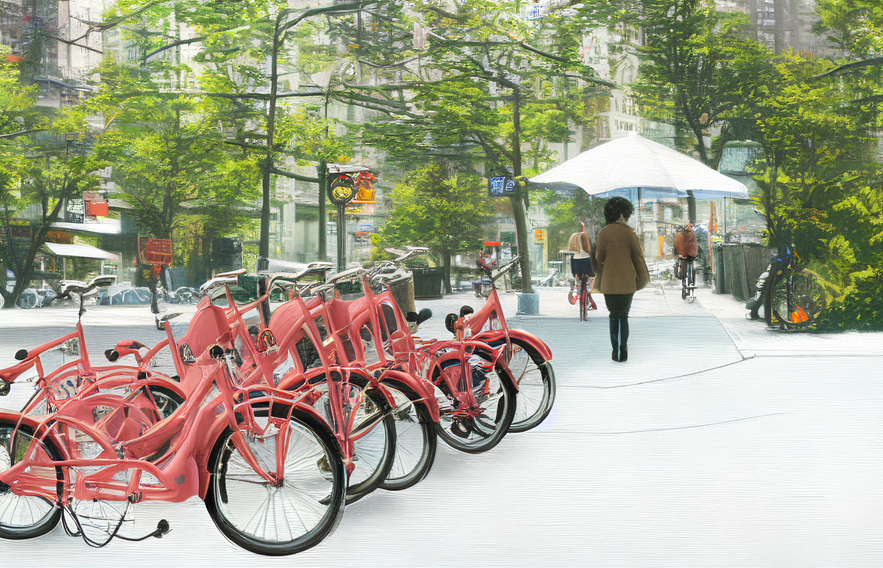 Pink bicycles lined up on city sidewalk with trees and pedestrian on sunny day