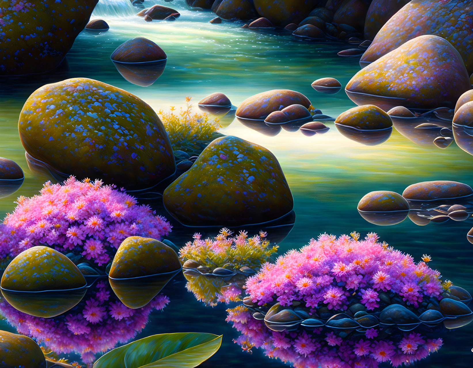 Tranquil river with moss-covered rocks and pink flowers