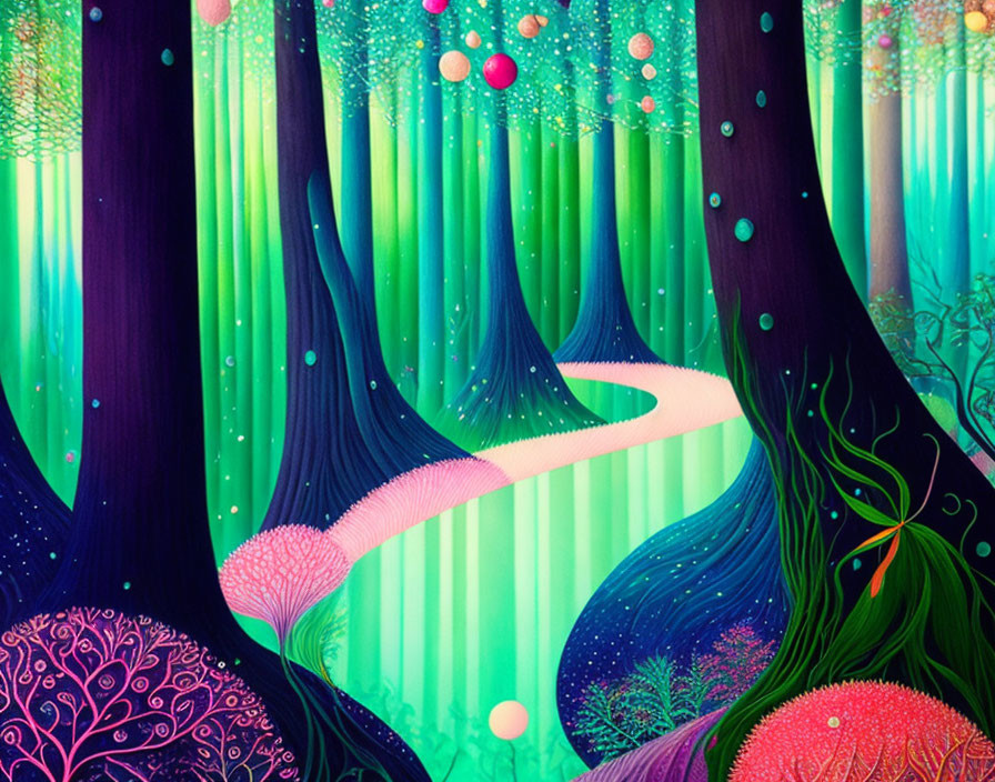 Colorful Trees and Glowing Orbs in Fantastical Neon Forest