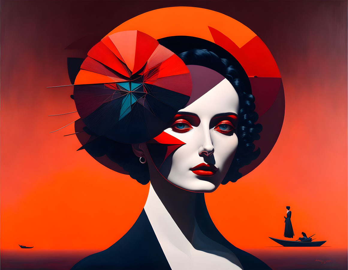 Stylized woman with split color palette and geometric headpiece against sunset-like background.