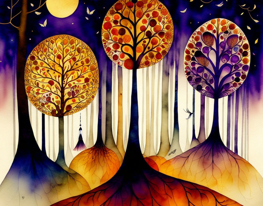 Colorful stylized trees against night sky with stars.