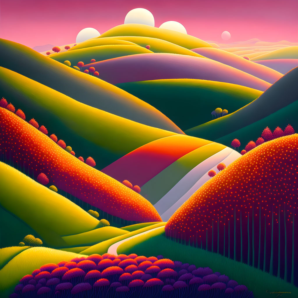 Colorful Stylized Landscape with Rolling Hills and Pink Sky