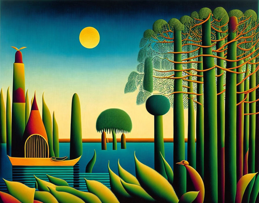 Surreal landscape painting with geometric trees, boat, water, and sun