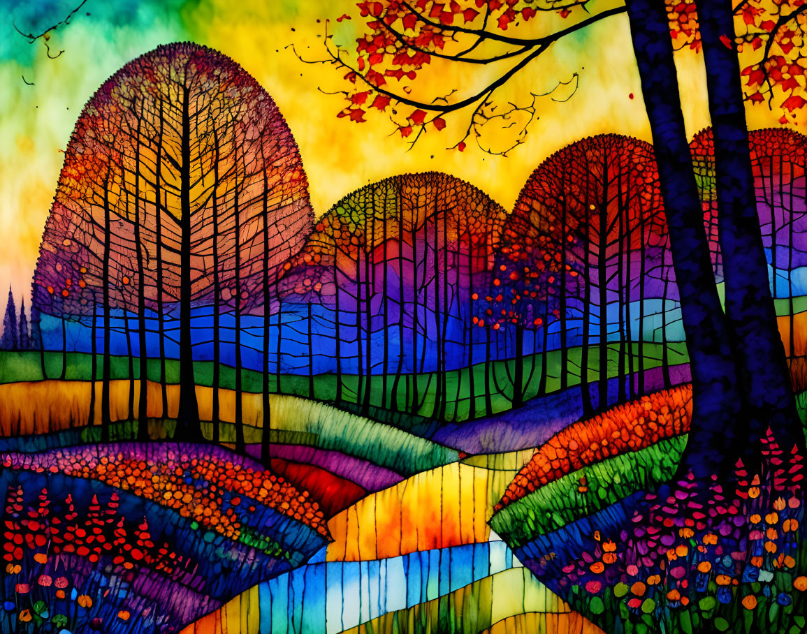 Colorful Stained-Glass Artwork of Whimsical Forest