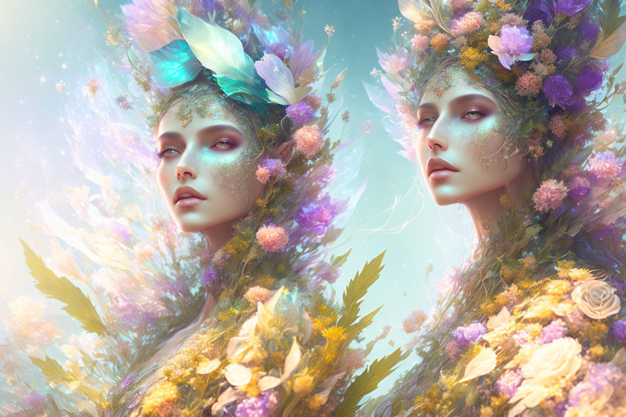 Ethereal beings with floral and feathered headpieces in pastel aura