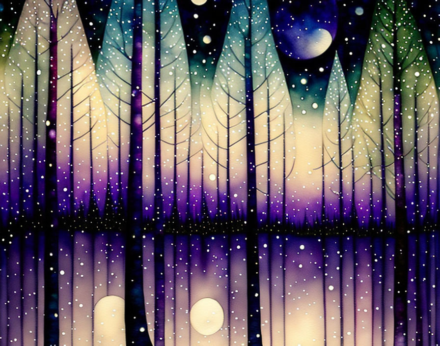 Colorful Starry Night Sky with Whimsical Forest Silhouette and Glowing Orbs