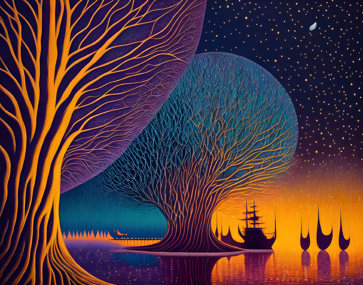 Vibrant trees, starry sky, sailing ships in a colorful seascape