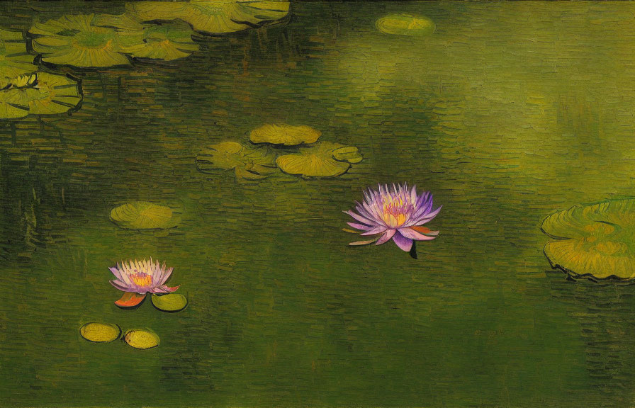 Tranquil Pond with Pink Water Lilies and Green Lily Pads