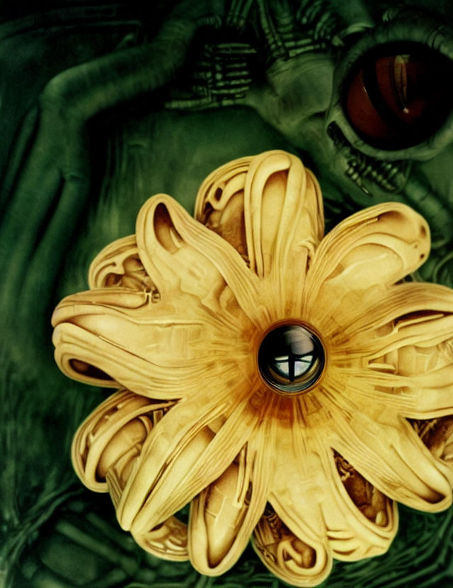 Surreal Yellow Flower Form with Eye on Green Background