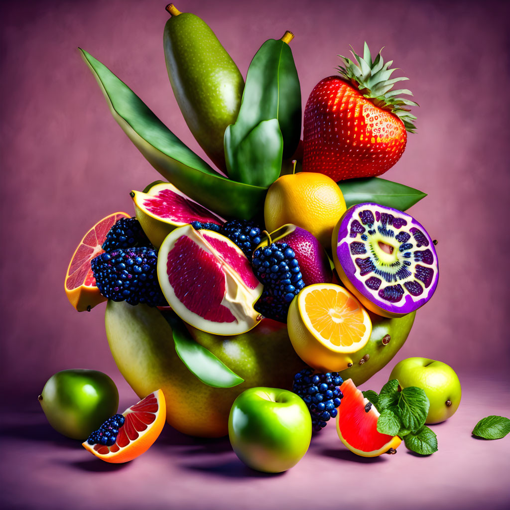 Colorful Fresh Fruits Variety on Purple Background